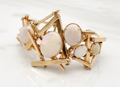 Opal And Diamond 14k Yellow Gold Cuff Bracelet