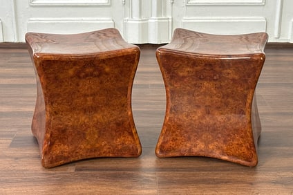 Pair Italian Burl Walnut Accent Table Stools