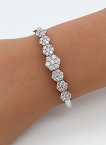 Diamond And 14k White Gold Flower Bangle Bracelet