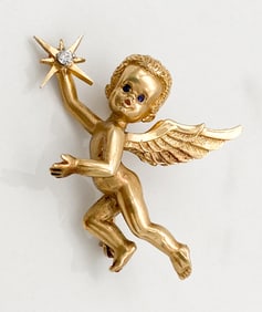 14k Yellow Gold And Diamond Cherub Pin