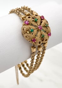 Vintage Bracelet Watch, Ruby, Jade, 14k Gold