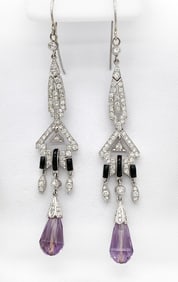 Amethyst, Enamel And 18k White Gold Dangle Earrings