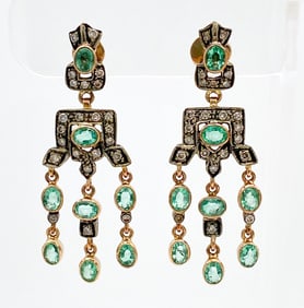 Emerald And Diamond 18k Dangle Earrings