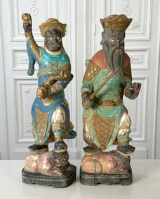 Pair Antique Carved Wood Temple Guardian Figures