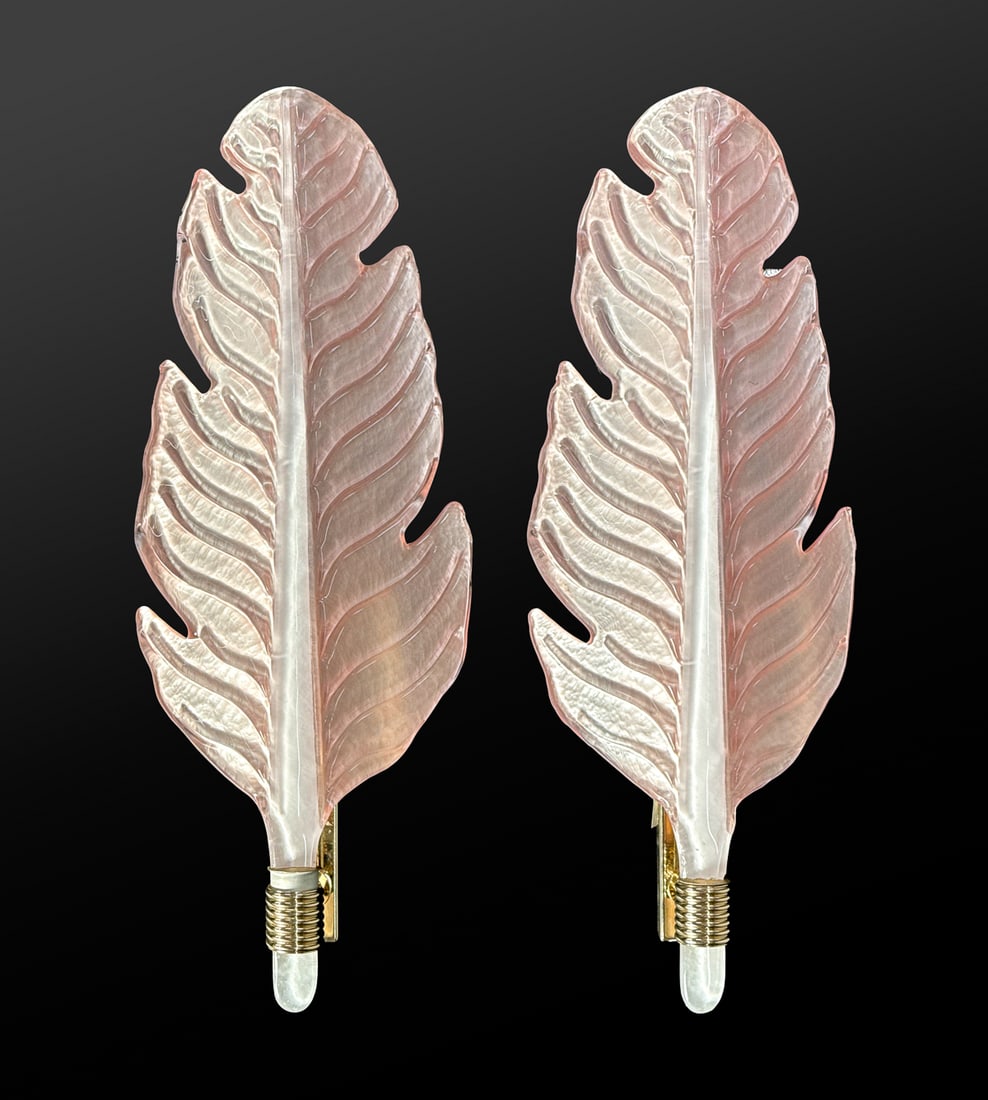 Pair Feather Form Murano Glass Sconces: Pair Feather Form Murano Glass Sconces, Art Deco Style With Clear And Pearlescent Pink Glass Shades, Gold Tone Mounts With One Light, Height 25, Width 10, Depth 4 Inches, Structurally Sound, No Cracks