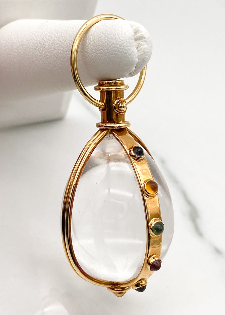 Temple St. Clair Rock Crystal And 18k YG Pendant: Temple St. Clair Rock Crystal And Assorted Precious And Semi-Precious Cabochons Suspended In 18k Yellow Gold. Properly Hallmarked And Marked 750. Approximately 2 1/2 Inches Long (including Bale) By 1