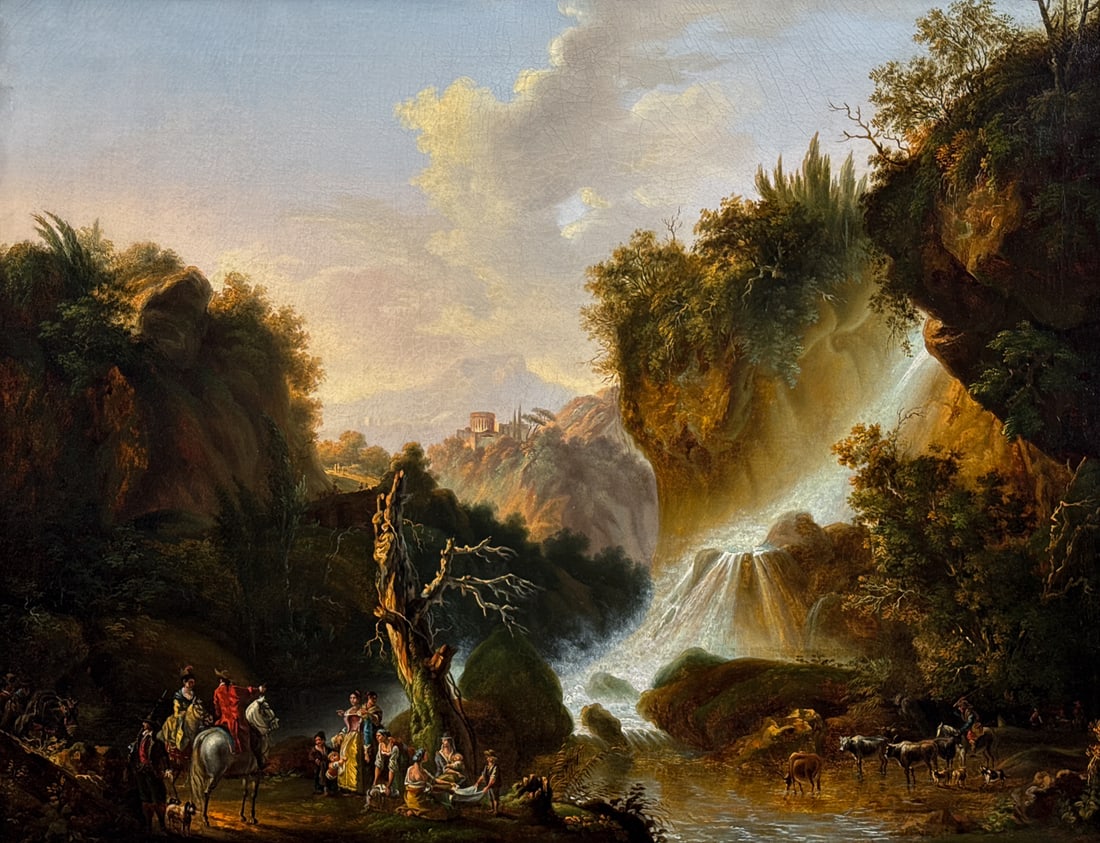 After Claude Joseph Vernet, French, 1724-1789: After Claude Joseph Vernet, French, 1724-1789, Travelers At The Falls At Tivoli Gardens, 18th C. Oil On Canvas, 39.5 X 48 Inches, Fine Antique Italian Water Gilt Frame, 26.75 X 35.25 X 2 Inches,