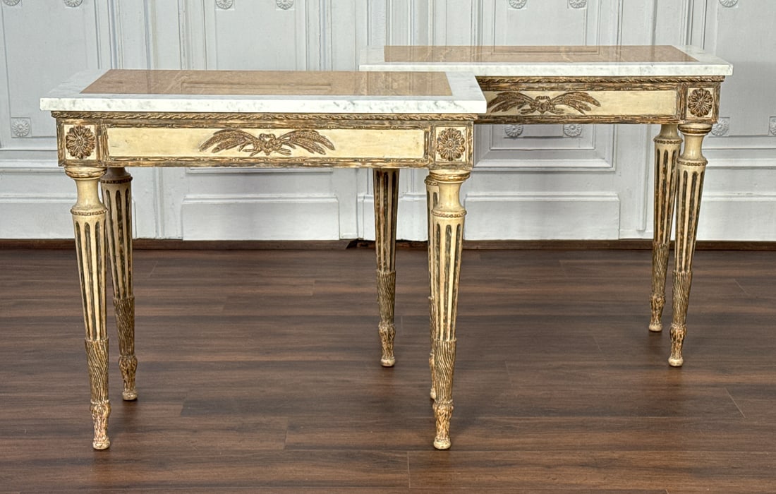 Pair Italian Neoclassical Console Tables: Pair Italian Neoclassical Console Tables, 19th Century, Each With Sienna And Marble Carrara Pietra Dura Top, White Painted And Gilt Carved Wood Base With Blocked Corners And Tapering Fluted Legs, Heig