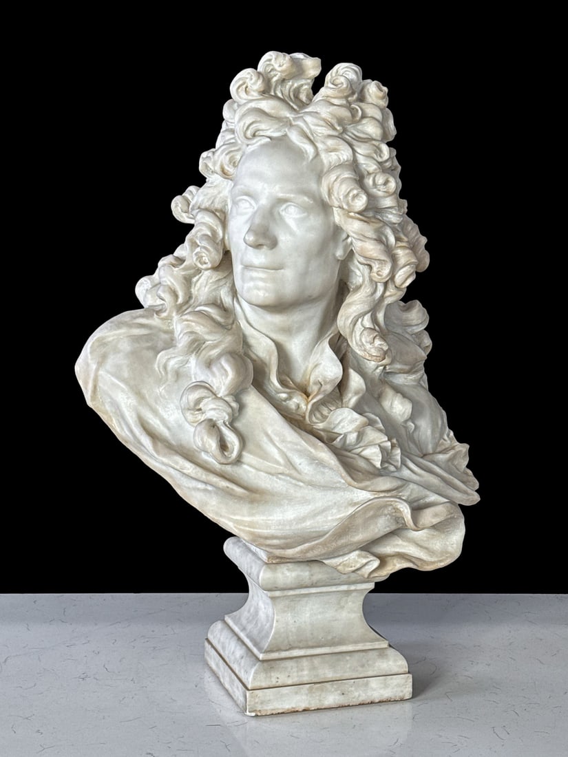 Carrara Marble Corneille Van Cleve Bust: Carrara Marble Corneille Van Cleve Bust, French Or Italian, 19th Century, Man In Full Wig, After Jean Jacques Caffieri's 18th Century Portrait Of Van Cleve, On A Waisted Marble Plinth, Height 30,