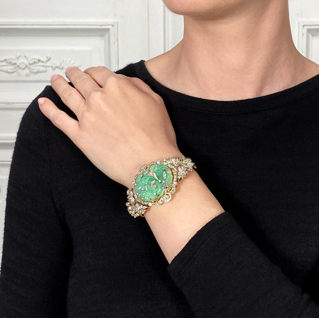 Carved Jade And Diamond 18k Gold Bracelet (1 of 4)