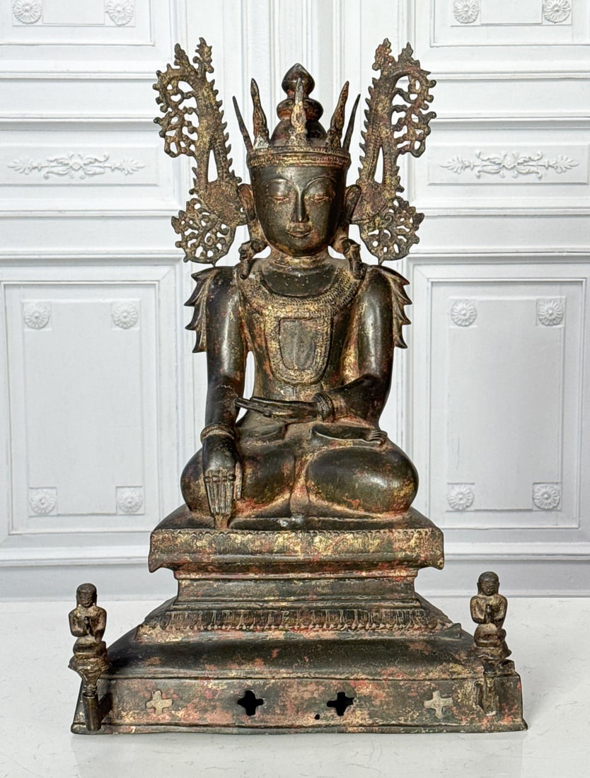Antique Bronze Jambupati Crowned Buddha Figure: Antique Bronze Jambupati Crowned Buddha Figure, Seated In Padmasana Position And Touching Earth, Wearing An Ornate Crown, On Stepped Trapezoid Base, Extremely Popular In Burmese Art, A Seated Buddha D