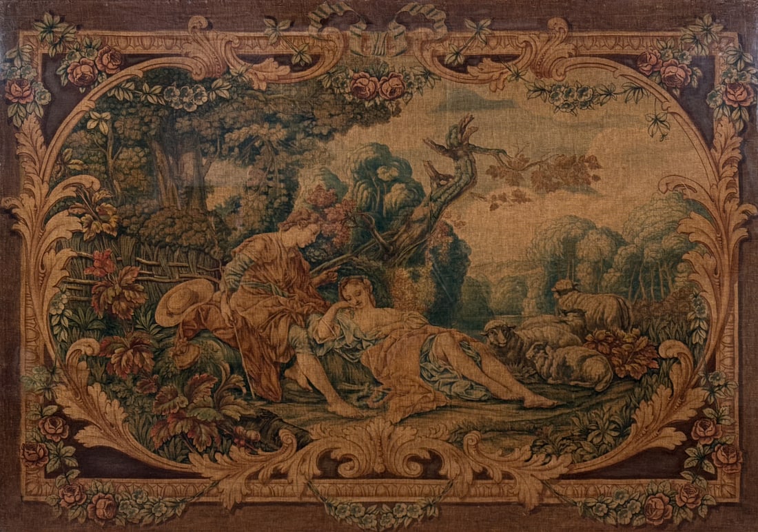 Large Rococo Painted Tapestry Cartoon: Large Rococo Painted Tapestry Cartoon, Probably French 19th Century, Pigment On Woven Cotton Or Silk Depicting Lovers In A Landscape, Inscribed 1796 Center Left, In A Later Distressed And Gilt Frame A