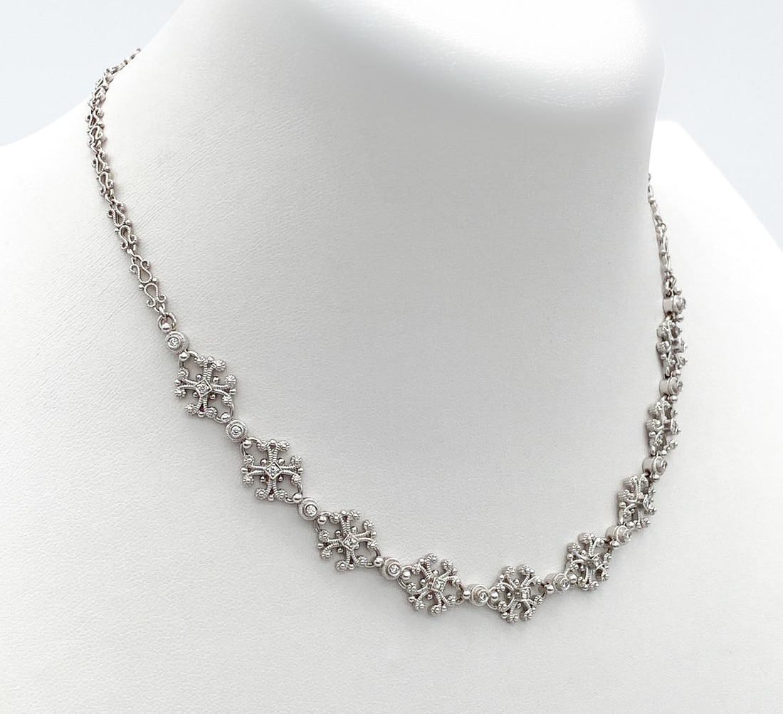 Eli Collection Diamond & 18k White Gold Necklace: Eli Collection Diamond And 18k White Gold Ornate Openwork Necklace Featuring Approximately 1.40ctw Diamonds, Measuring 15.5 Inches, Weight: 21.5 Grams. Note: Wire Transfer Or Cashiers Check Required F