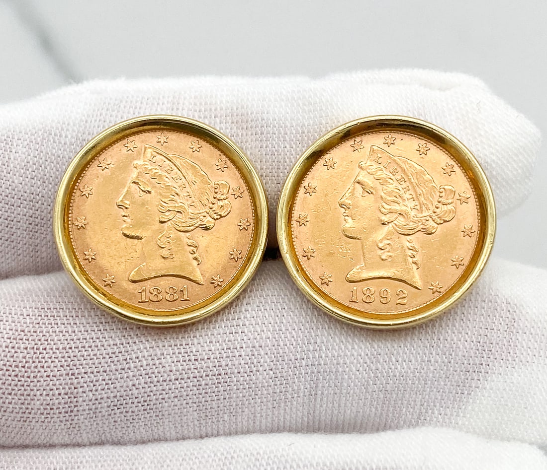 Liberty Head 5 Dollar Gold Coin Cufflinks: Liberty Head 5 Dollar Gold Coin Cufflinks Mounted In 18k Yellow Gold, 1881 And 1892, 5/8 Inch Diameter, 29 Grams Total Weight.