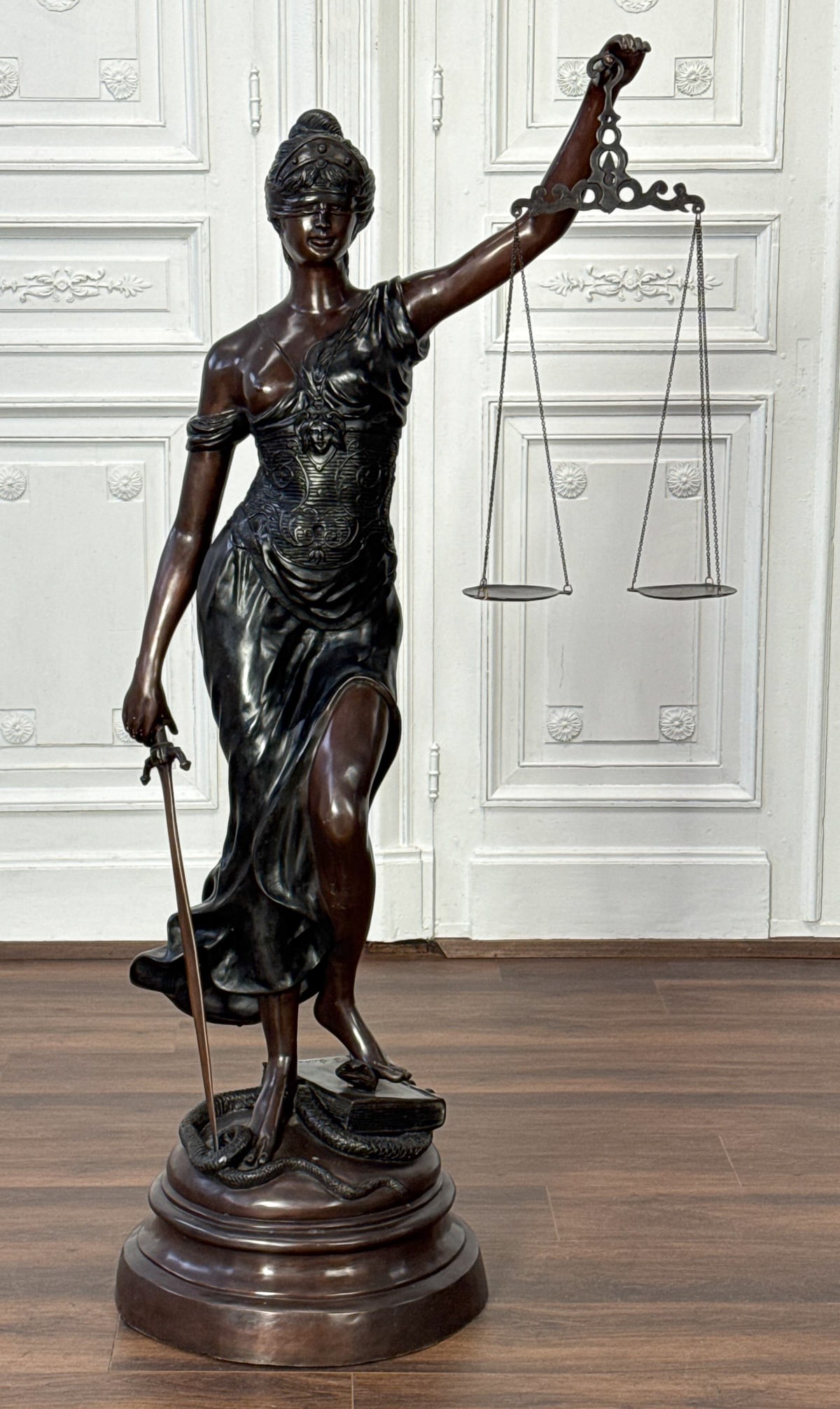 Large Justice Allegorical Figure Bronze: Large Justice Allegorical Figure Bronze, 20th Century, After The Original By Clement Leopold Steiner (French, 1853-1899), Blindfolded Female Figure With Sword, Scales, Atop A Serpent And Book With Cas