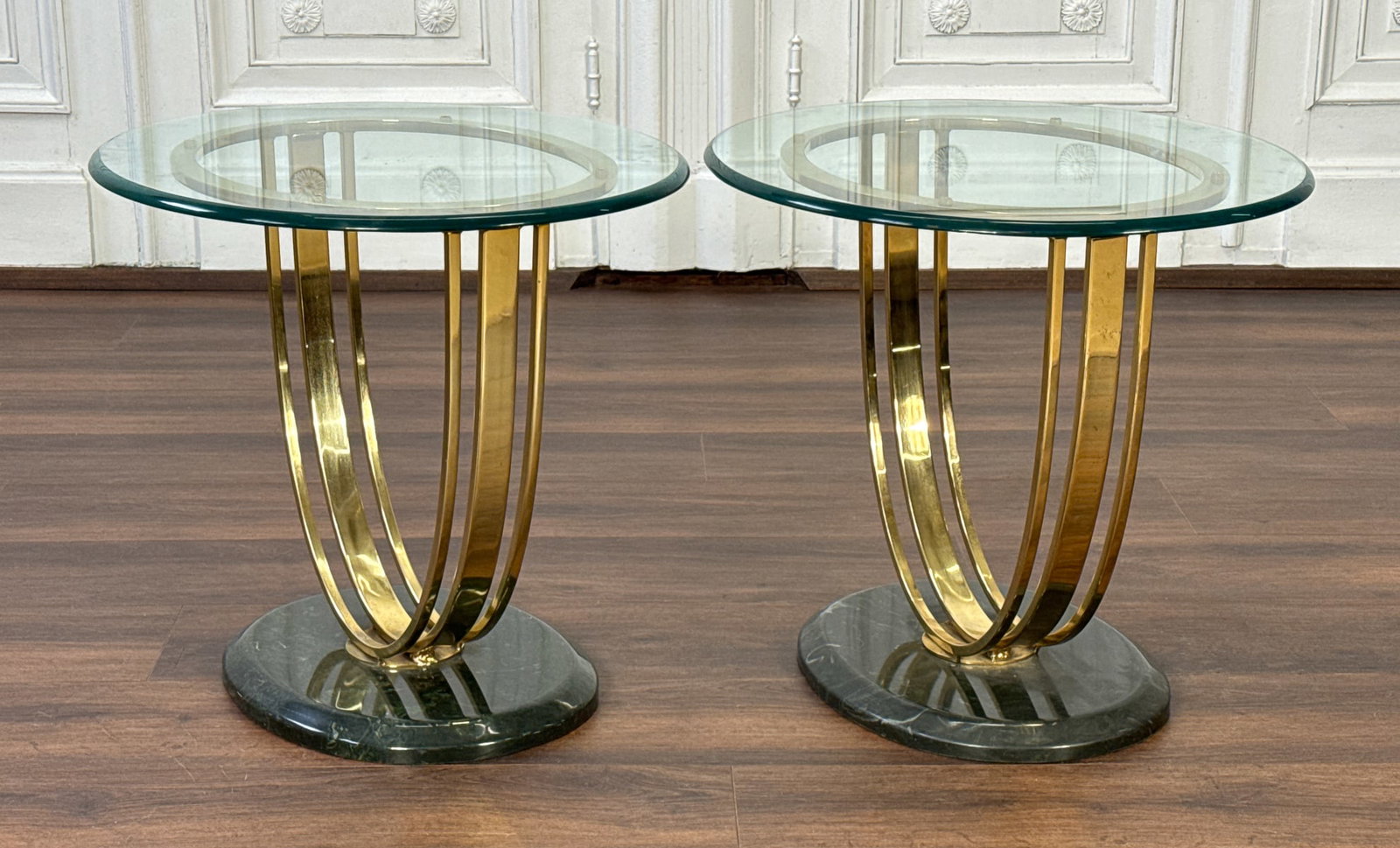 Pair Mid-Century Modern Brass Side Tables: Pair Mid-Century Modern Brass Side Tables, Circa 1975, Each With Glass Top, U-Form Support On Dark Green Enameled Base Gives A Marbleized Look, Height 22.5, Width 26.5, Depth 22 Inches, Structurally S