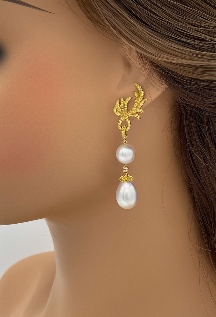Pearl & Yellow Diamond 18k Yellow Gold Earrings: Pearl & Yellow Diamond 18k Yellow Gold Earrings Having Australian Pearls And Approximately 2.0ctw Yellow Diamonds And 0.07ctw G, VS Diamond Accents, Measuring 2 1/2 Inches Long, Weight: 16.8 Grams. No