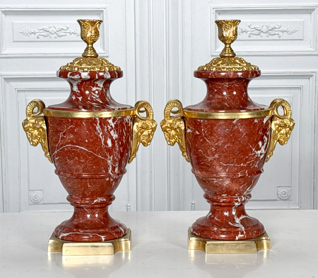 Pair Louis XVI Style Rouge Marble Lamp Bases (1 of 6)