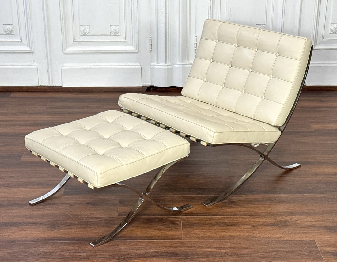 White Leather Barcelona Style Chair & Ottoman (1 of 5)