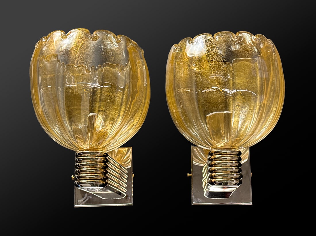 Pair Murano Gold & Clear Glass Sconces: Pair Murano Gold & Clear Glass Sconces, Each With Gold Infused Scalloped Goblet Form Shade, Art Deco Form Gold Tone Mounts, One Light, Height 12, Width 8.5 Depth 9 Inches, Structurally Sound, No Crack
