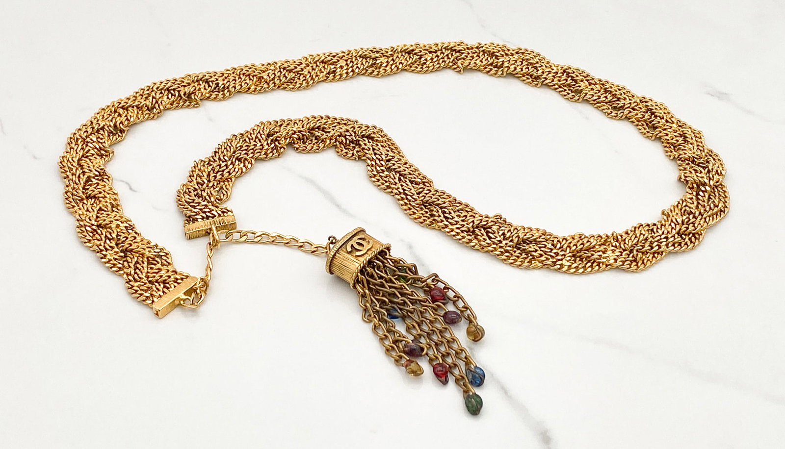 Chanel Gripoix Tassel Belt: Chanel Gripoix Tassel Belt, Late 1970s-1980s, Braided Links In Gold Plated Hardware, CC Tassel With Gripoix Droplets, Marked Chanel, 29 Inches, Adjustable, Includes Chanel Box