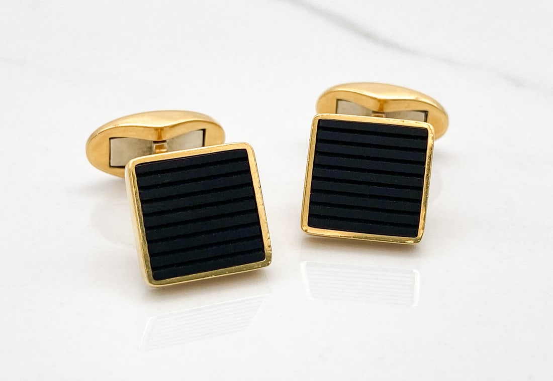 Tiffany & Co. Onyx And 18k Yellow Gold Cufflinks: Tiffany & Co. Onyx And 18k Yellow Gold Cufflinks Measuring 1/2 Inch By 1/2 Inch, Weighing 14.6 Grams, Marked Tiffany Germany 18ct. Note: Wire Transfer Or Cashiers Check Required For Payment Of This
