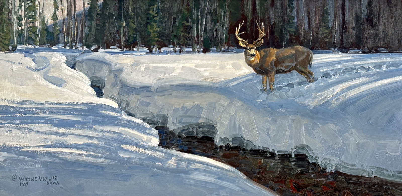 Wayne Wolf, American, Colorado, Born 1944: Wayne Wolf, American, Colorado, Born 1944, Mule Deer Buck Snowy Riverbank, 1989, Oil On Masonite, Signed, Dated Inscribed Nawa Lower Left, 12 X 24 Inches, Distressed Wood Frame With Linen Liner, 23 X