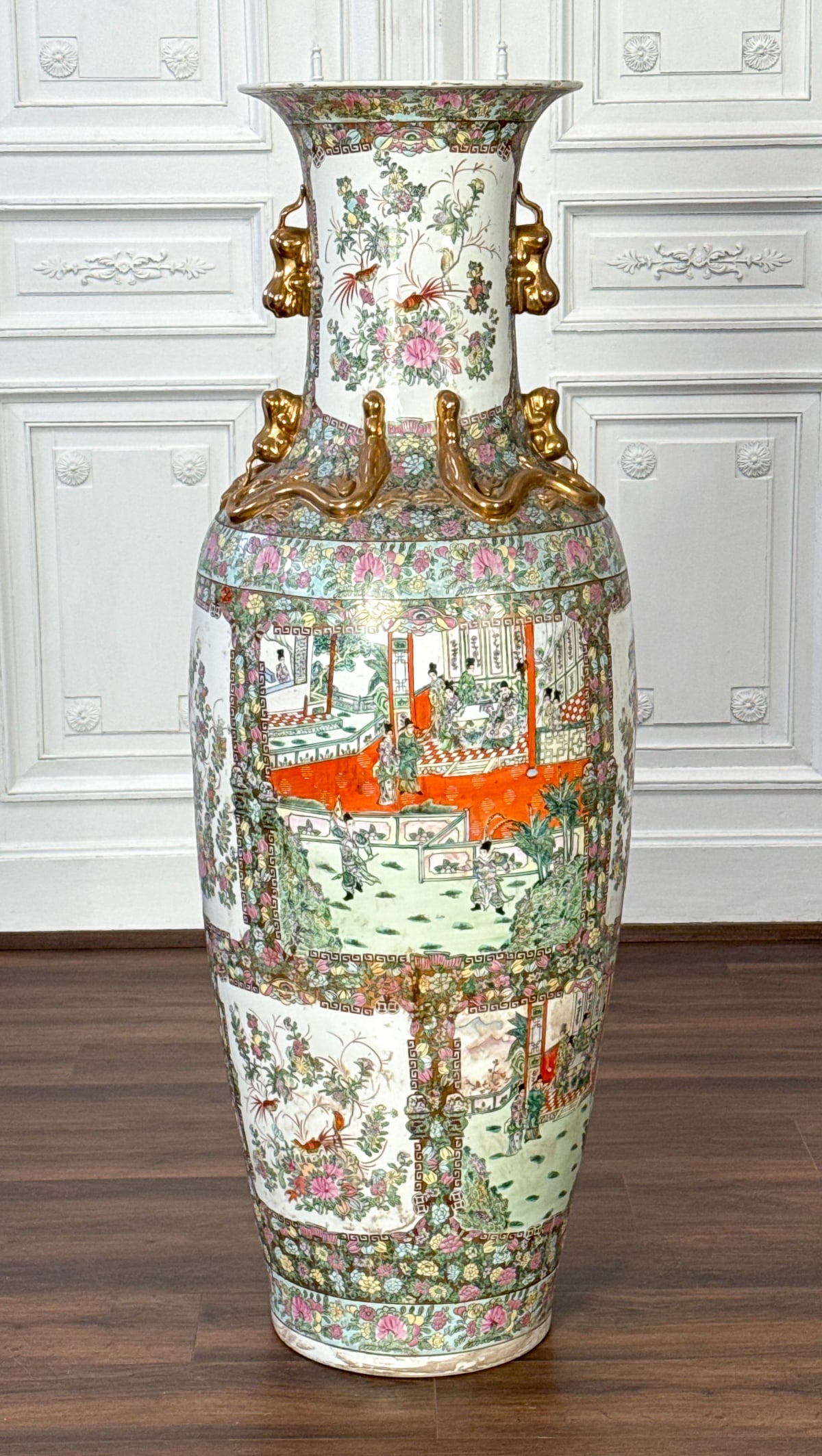 Large Rose Medallion Style Palace Vase: Large Rose Medallion Style Palace Vase, 20th Century, Monumental Porcelain Vase With Enamel Decoration Of Peonies, Birds And Garden Scenes, Gilt Dragons In Heigh Relief, Height 64.5 Diameter At Widest