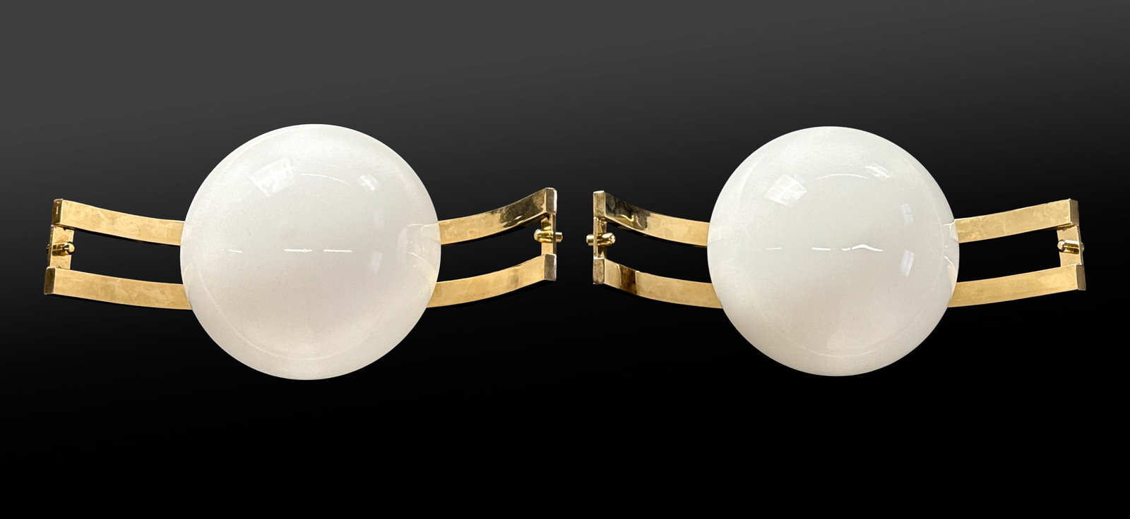 Pair Italian White Glass & Brass Sconces: Pair Italian White Glass & Brass Sconces, Each With Spherule Shade With Brass Boat Form Mounts, Height 15, Width 7.5, Depth 9.5 Inches, Each Structurally Sound, No Cracks Or Chips Observed, Electrific