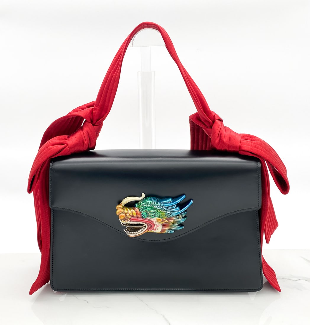 Gucci Naga Dragon Shoulder Bag: Gucci Naga Dragon Shoulder Bag, Calfskin With Red Satin Ribbon Strap, Strap Drop 17.5 Handle Drop 6.5; Overall Bag Dimensions 8x11.5x4, Slight Impression Mark To Back Side, Very Clean Interior And Ext