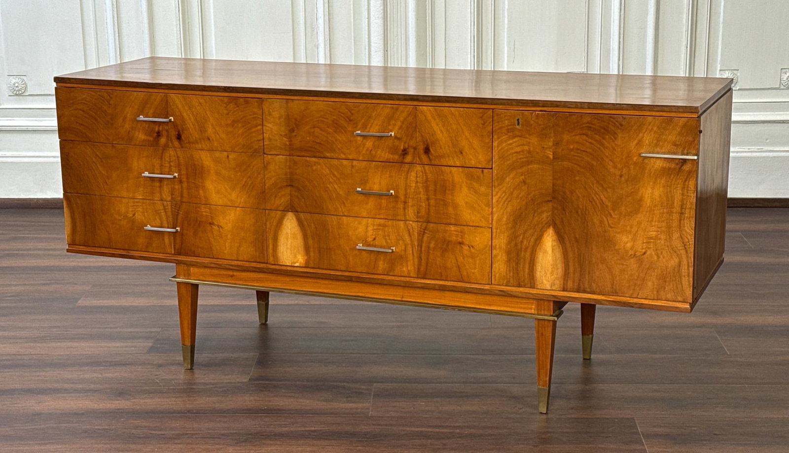 Mid-Century Modern Walnut Cabinet Dresser: Mid-Century Modern Walnut Cabinet Dresser, Italian, Circa 1960, Low Rectangular Case With Six Drawers And And Cabinet Door, Bookmatched Veneers, Chrome Pulls, Stepped Base With Square Tapering Legs, B
