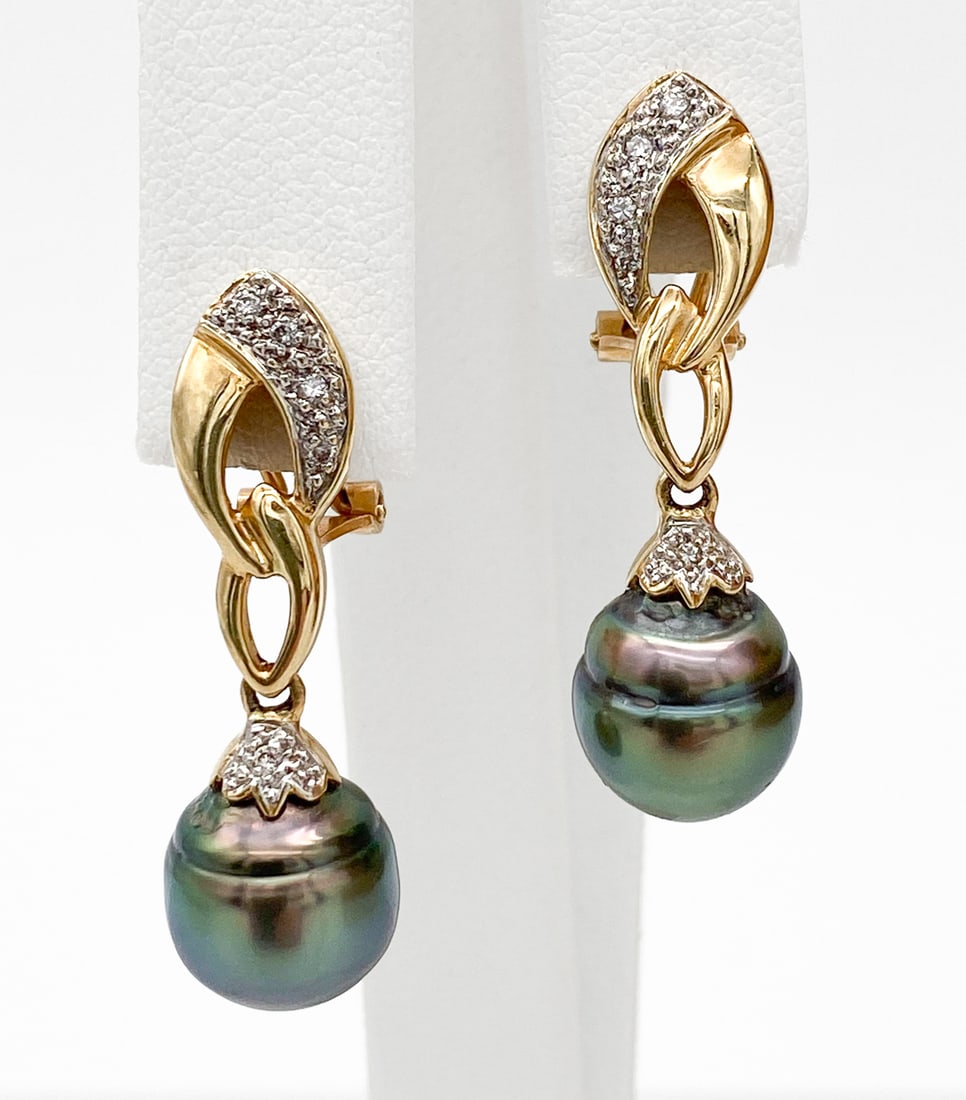 Tahitian Pearl & Diamond 14k Dangle Earrings: Tahitian Pearl & Diamond 14k Yellow Gold Dangle Earrings Featuring 10mm Pearls And Less Than 0.10ctw Diamonds Of J-K Color. 1 1/8 Inches In Length, 7.9 Grams Total Weight. Note: Wire Transfer Or Cashi