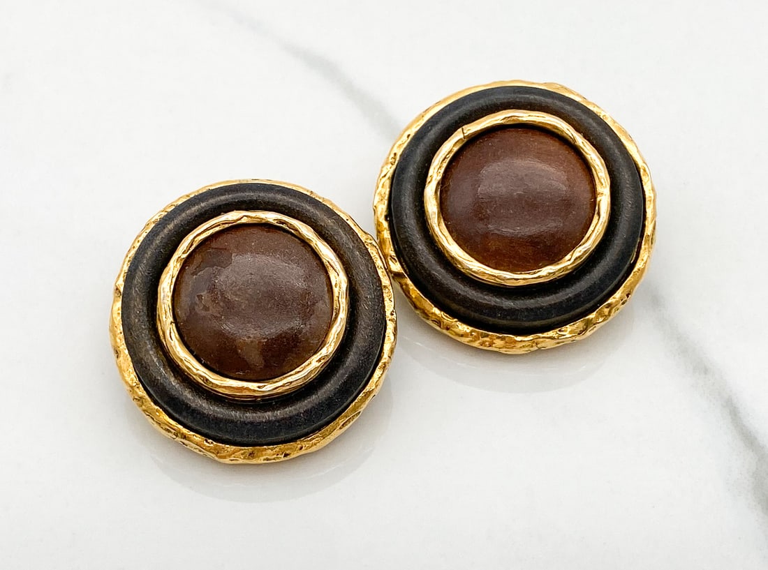 Chanel Resin Earrings: Chanel Earrings In Resin And Gold Plated Hardware, 1980s-1990s, 1 1/8 Inches, Clip Style, Marked Chanel Made In France. See Photos For Loss To Finish At Center Of One Earring.