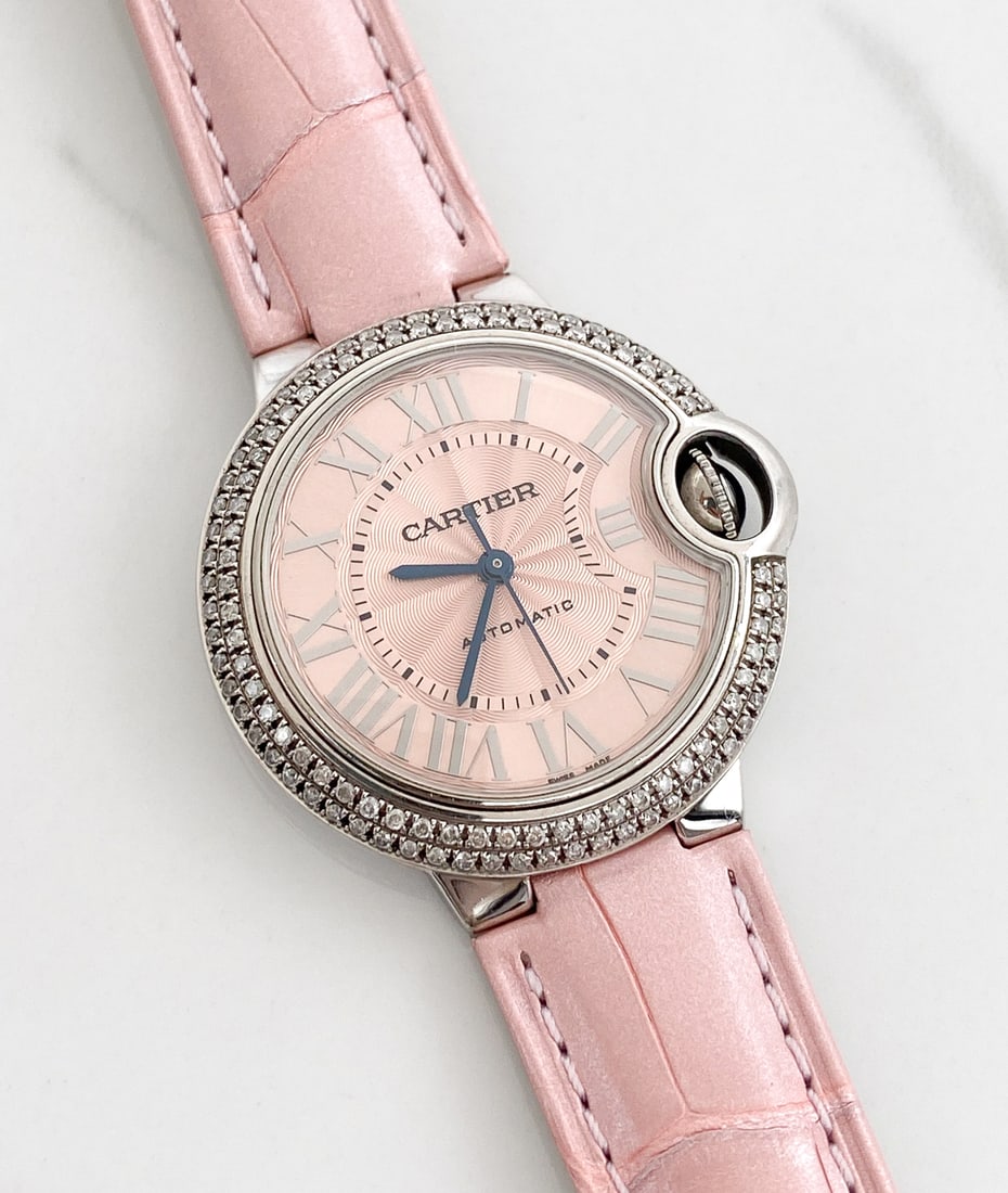 Cartier Ballon SS & Diamond Pink Ladies Wristwatch: Cartier Ballon Pink Ladies Wristwatch, Original Stainless Steel Watch With Custom After-Market Bezel Having Approximately 0.77ctw Natural Diamonds Of E-g Color And Vvs-vs Clarity, Pink Dial, And New C