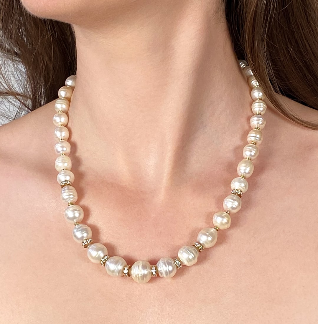 Salvatore Pearl And Diamond Necklace 18k: Salvatore Pearl And Natural Diamond Necklace 18k, Baroque Pearls 8.9mm-13.5mm Accented By 18k Yellow Gold Rondelles Inset With Natural G-H-I Diamonds, Length 19.25 Inches. Wire Transfer Or Zelle Requi