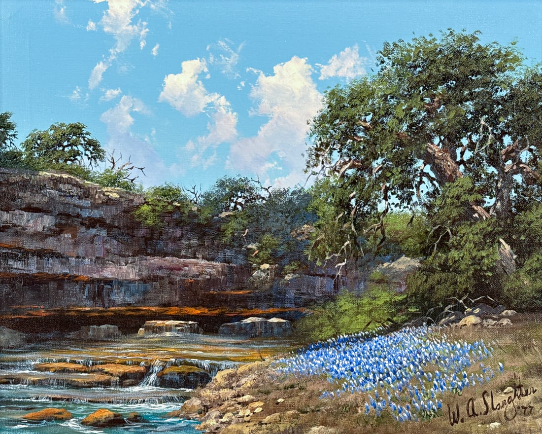William A. Slaughter, American/Texas, 1923-2003: William A. Slaughter, American/Texas, 1923-2003, Cascading River Scene With Bluebonnets, Signed Lower Right W A Slaughter '77. Oil On Canvas, Sight 15 1/2 Inches High, 19 1/2 Inches Wide, Framed