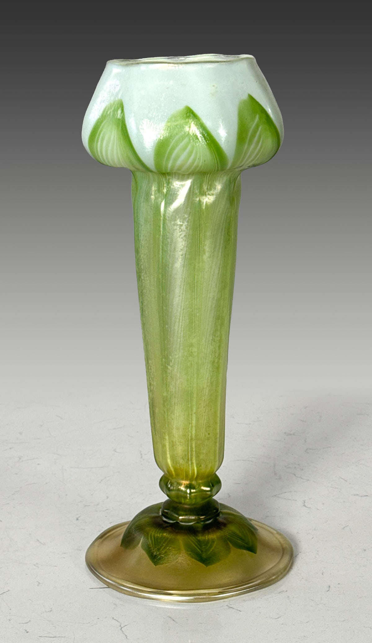 Louis Comfort Tiffany Floriform Vase: Louis Comfort Tiffany Floriform Vase, Green, White And Gold Hand-Blown Favrile Glass, Flower Form, Height 14 Inches, Base Diameter 6 Inches, Marked Underside LCT 3703 B, No Chips Or Cracks Under UV Li