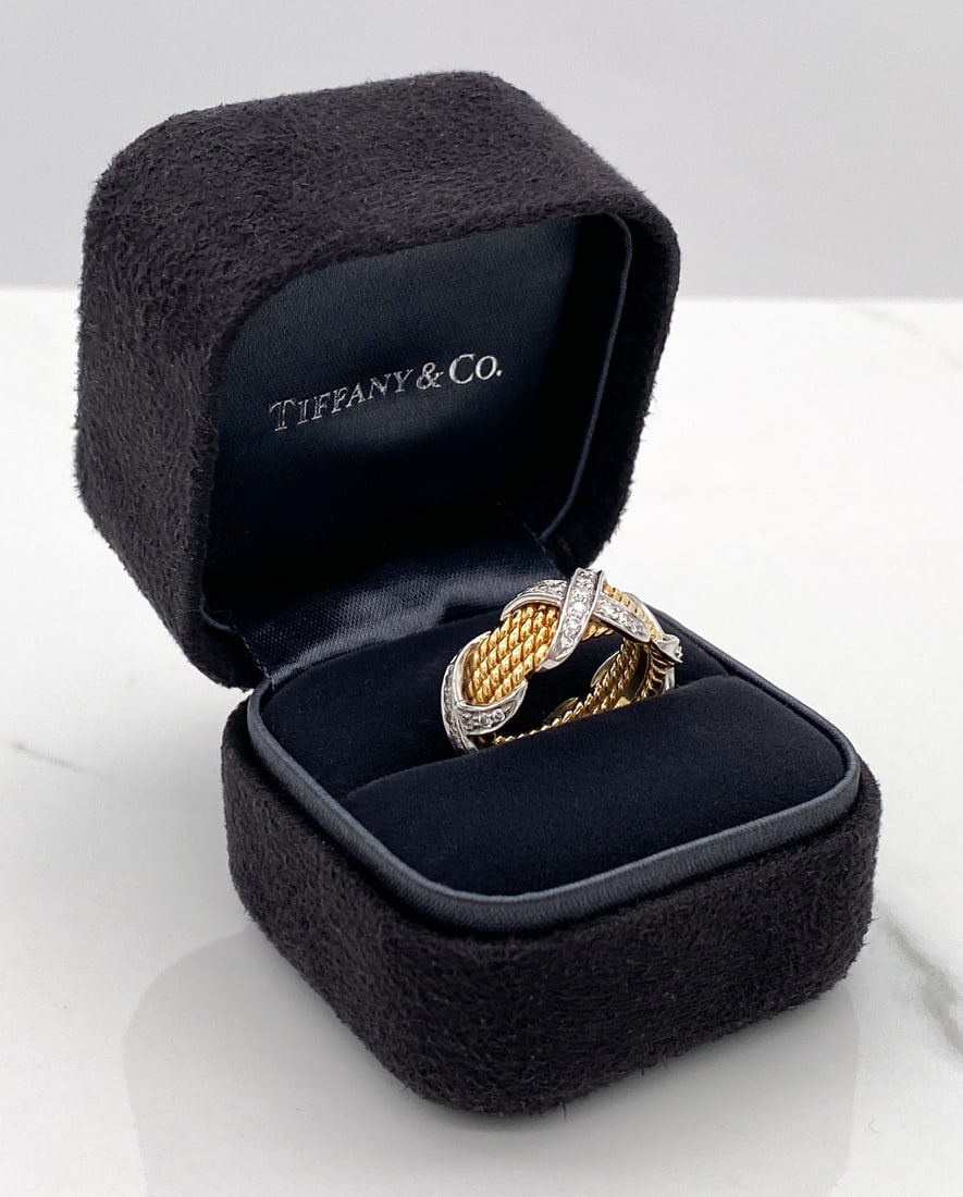Tiffany & Co. Schlumberger 18k Diamond Ring: Schlumberger For Tiffany & Co. 18k And Natural Diamond Ring, Bands Of 18k Yellow Gold And Natural Diamonds Set In 18k White Gold X's Comprise This Ring, Size 5.25, Weight 10.5 Grams, Includes Tiffany 