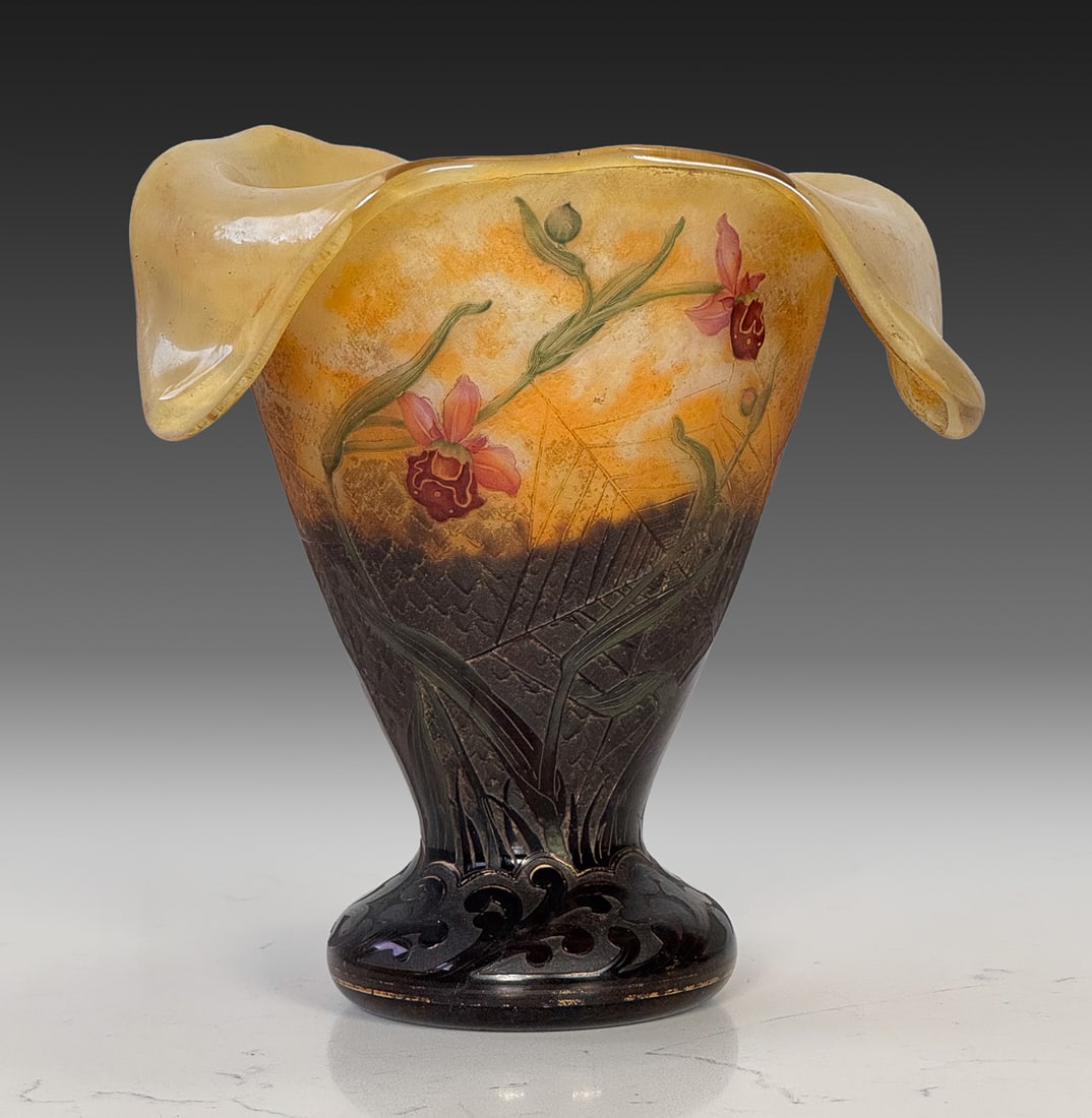 Daum Art Glass Orchid & Spiderweb Vase: Daum Art Glass Orchid & Spiderweb Vase, French, Circa 1900, Etched And Enameled Surface On Amber And Brown Glass, Marked Daum Nancy In Gilt Underside With Cross Of Lorraine, Height 6, Diameter 6 Inche