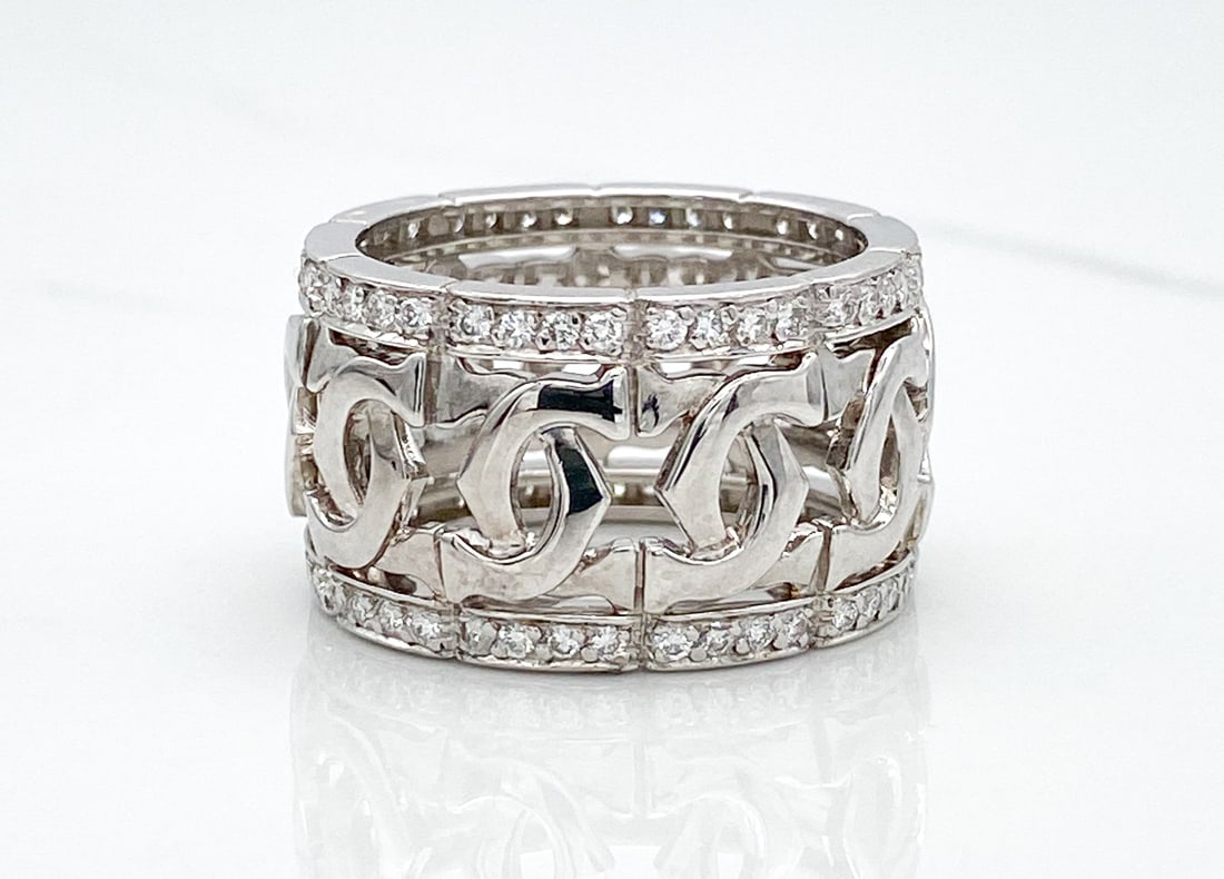 Cartier Wide Entralaces 18k & Diamond Ring: Cartier Wide Entralaces 18k & Diamond Ring, Approximately 0.80ctw Natural Diamonds Of E-G Color And VVS Clarity, Width 13.9mm, Size 8.5, Weight 16.5 Grams, Includes Cartier Box. Wire Transfer Or