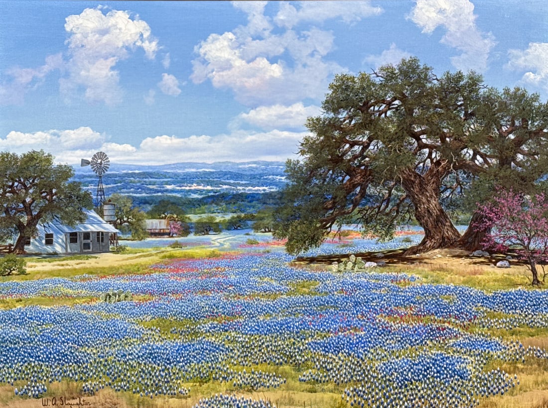 William A. Slaughter, American/Texas, 1923-2003: William A. Slaughter, American/Texas, 1923-2003, Texas Bluebonnets And Wildflower Spring Landscape With Country House And Windmill, Texas Hill Country In The Distance, Oil On Canvas, Giltwood Frame, C