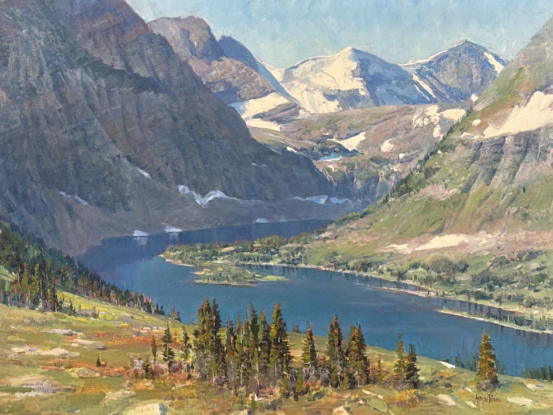 Andrew Peters, American, Born 1954, Hidden Lake, Sperry Glacier: Andrew Peters, American, Born 1954, Hidden Lake, Sperry Glacier, Oil On Canvas, Signed Lower Right, 36 X 48 Inches, Giltwood Frame 46 X 57 X 3.5 Inches, Paint Surface Stable, Varnish Layer And Canvas