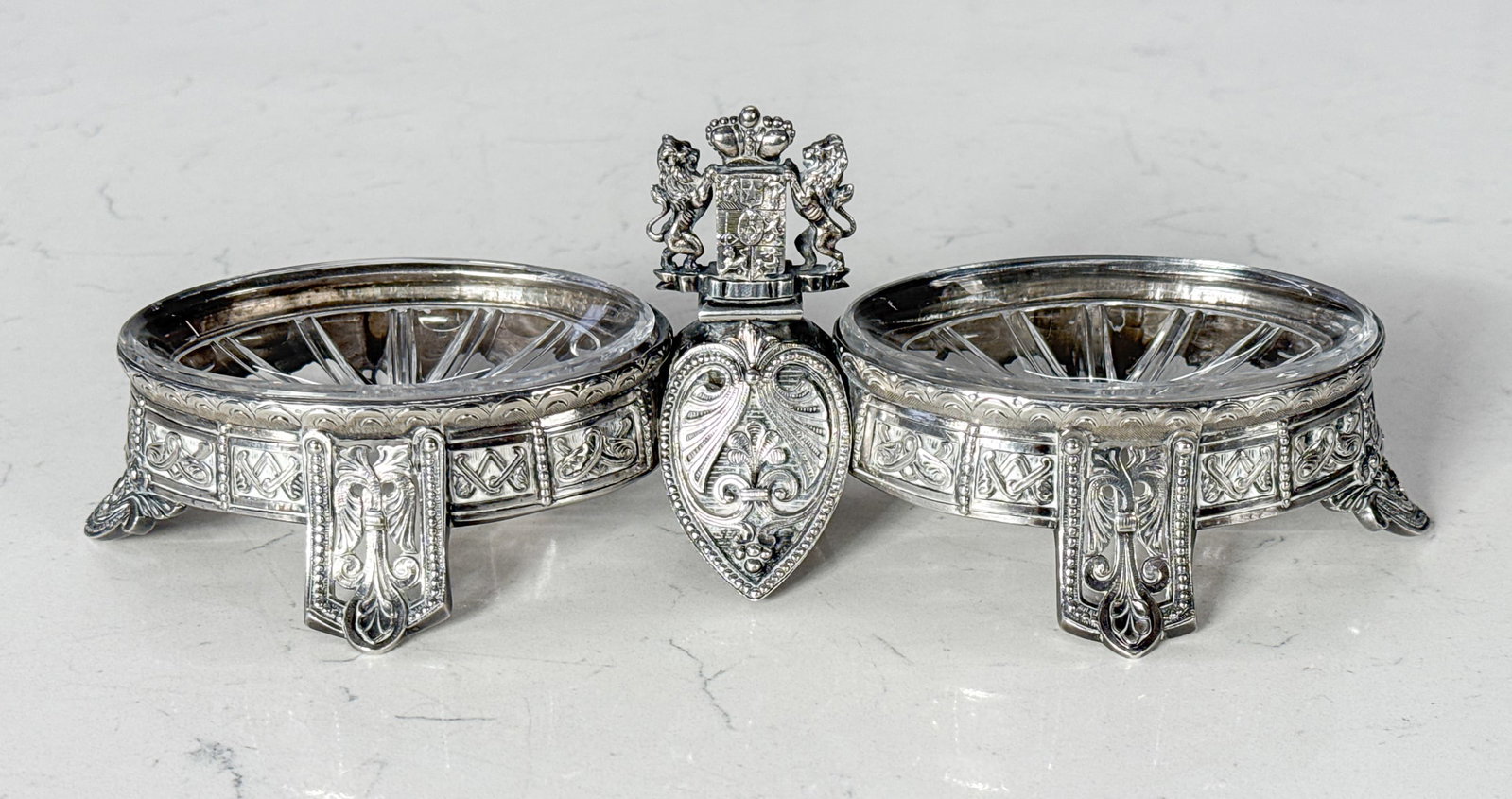 Yusupov Scandinavian Service Silver Salt Cellar, Gueyton: Important Yusupov Scandinavian Service Silver Salt Cellar, French, Mid 19th Century, Alexandre Gueyton, 1843-1863, Stamped Gueyton, Minerva Head And Lozenge On Rim, 25 Underside, Two Cut Crystal Oval