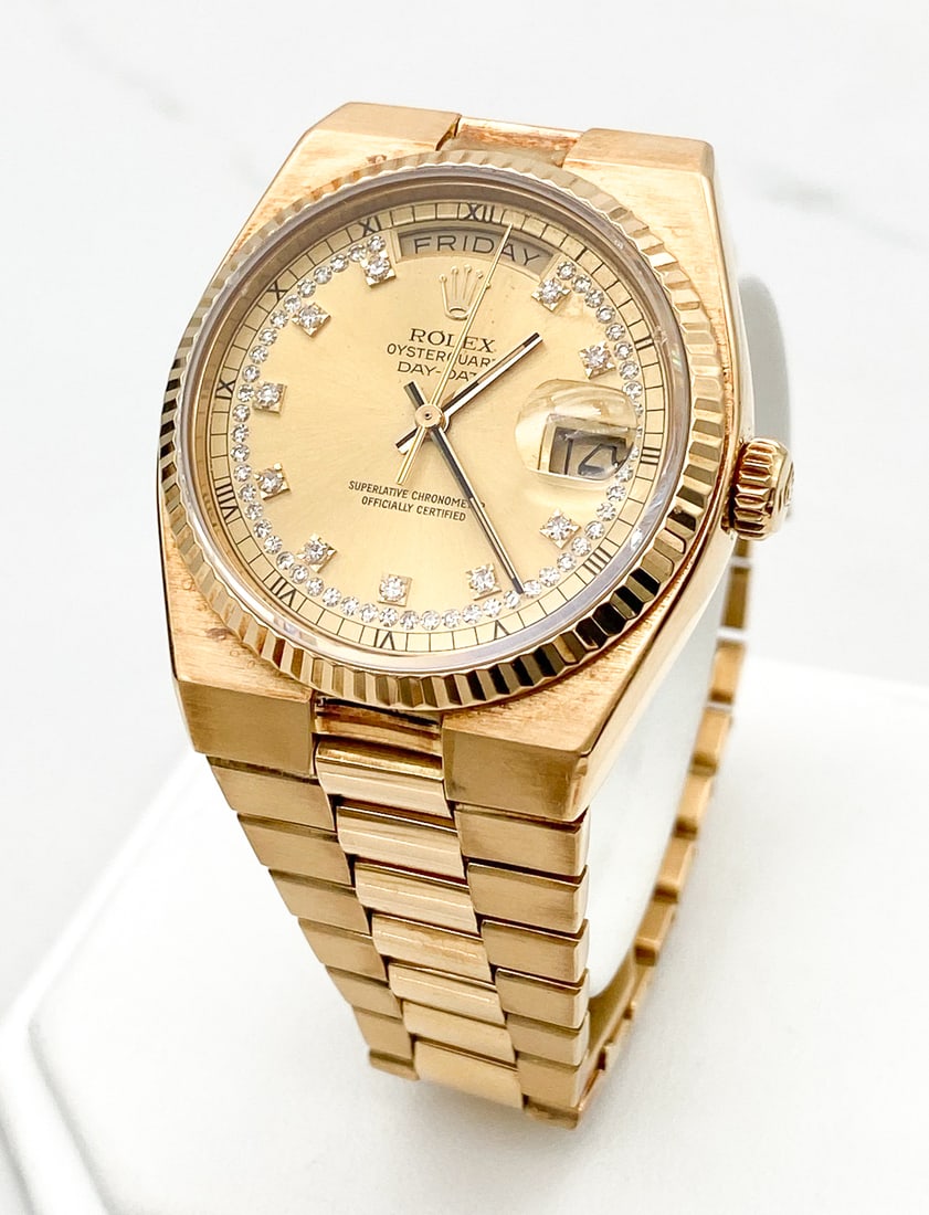 Rolex 36mm Oyster Day-Date 18k & Diamond Wristwatch: Rolex Oyster Day-Date 18k & Diamond Wristwatch, Factory String Of Diamonds Dial, Includes Original Fitted Box, Gift Box, Booklet And Tag, 36mm, Approximately 7 1/8 Inches, Weight 151.5g. Wire