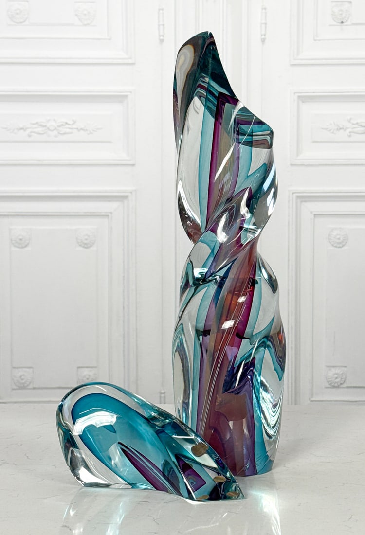 Harvey Littleton, American, 1922-2013: Harvey Littleton, American, 1922-2013, Rotation, Sliced Two-Part Spiral Form In Blue And Mauve, 1982, Studio Glass Sculpture, Smaller Element Signed And Dated On Top Edge, Paper Label Inscribed 242