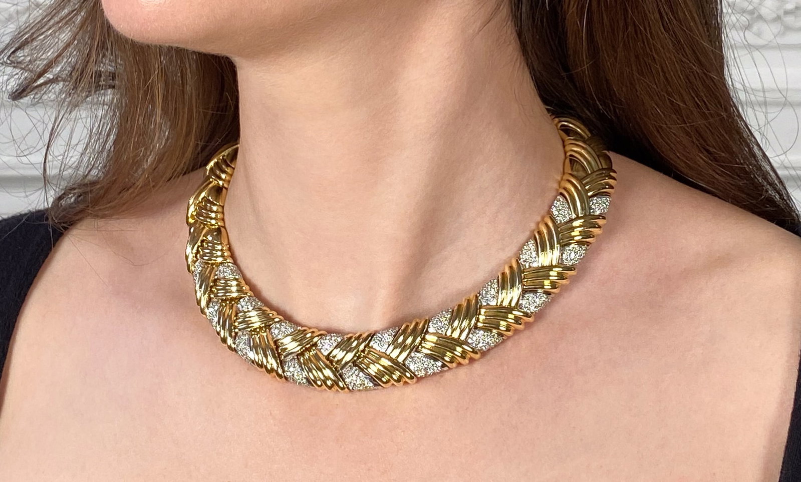 18k Yellow Gold And Natural Diamond Necklace: 18k Yellow Gold And Natural Diamond Necklace, Approximately 6.65ctw Of Brilliant Round Natural Diamonds. Length 16 Inches, Width 18mm, 176.7 Grams Total Weight. Wire Transfer Or Zelle Required For