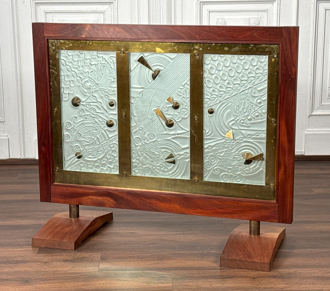 Large Eric Hilton Studio Glass: Large Eric Hilton Studio Glass, American, Three Etched Glass Panels In Bas Relief With Brass Elements, Walnut Frame And Trestle Base, Height Width Depth Inches, Structurally Sound And Presenting Well.