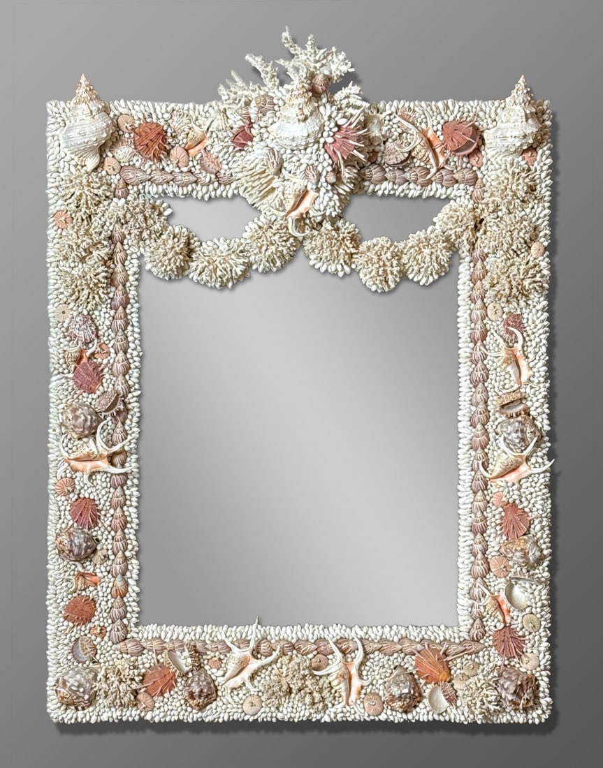 Large Coquillage Or Grotto Shell Mirror: Large Coquillage Shell Mirror, Impressive Large Crest With Swags Encrusted With Coral And Seashells Around A Rectangular Mirror, Height 58, Width 42, Depth 8 Inches, Structurally Sound, Small