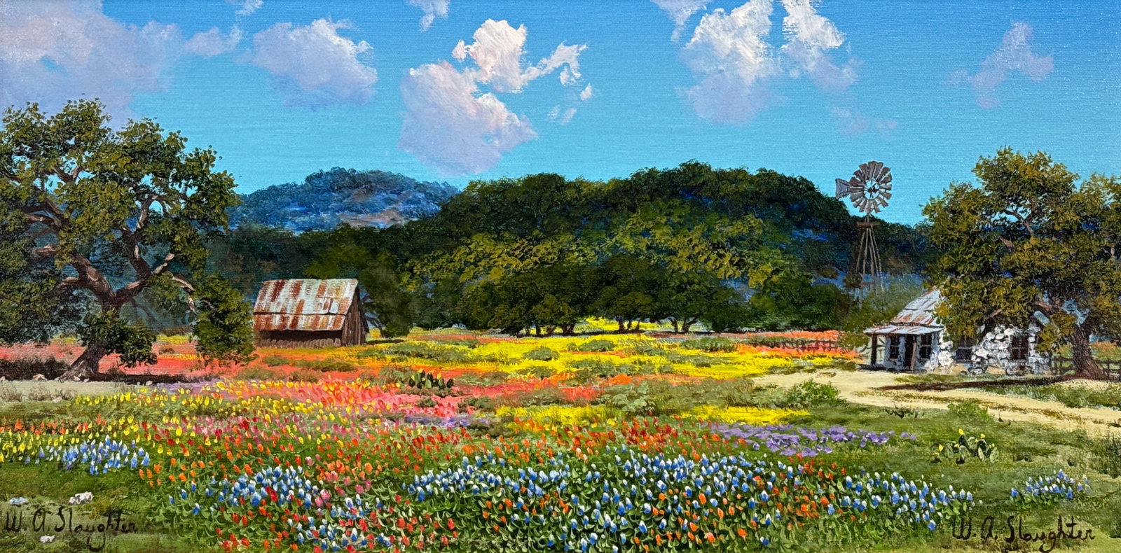 William A. Slaughter, American/Texas, 1923-2003: William A. Slaughter, American/Texas, 1923-2003, Texas Wildflower Landscape, Featuring Bluebonnets And Indian Paintbrushes Amidst Lush Trees And Bright Blue Sky. Double Signed W A Slaughter Lower