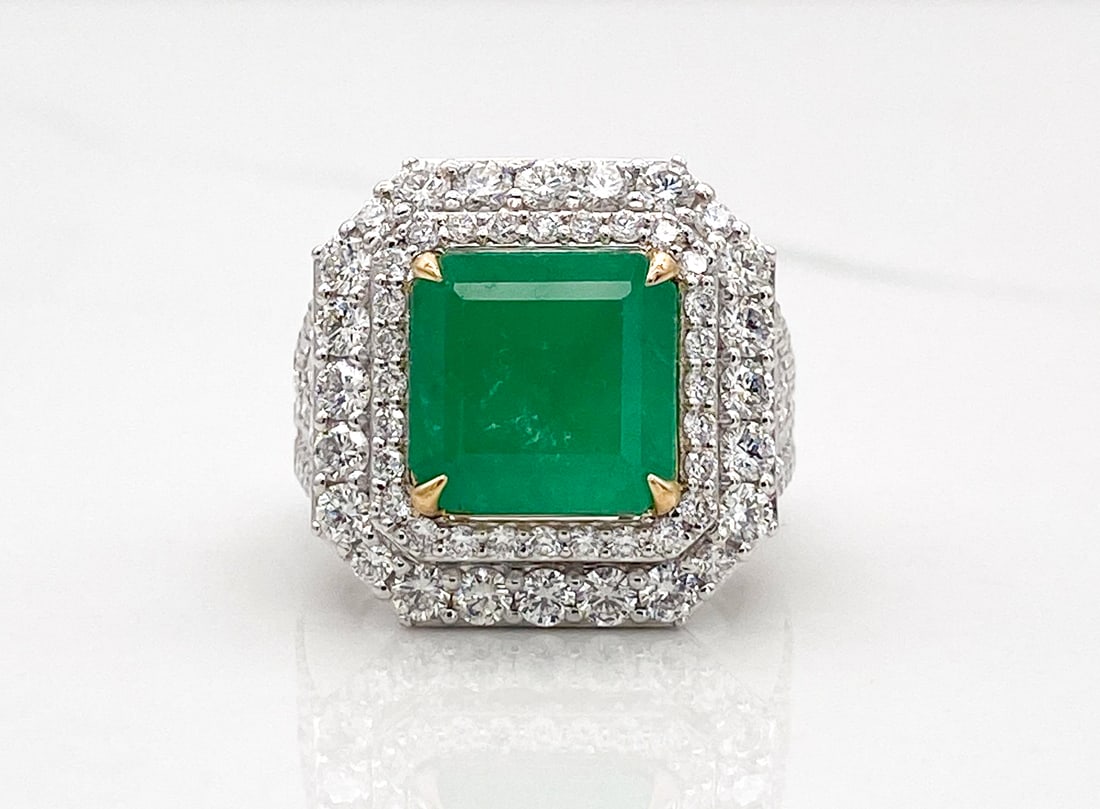 GIA Rare Colombian Emerald & Natural Diamond Ring: GIA Certified 5.74ctw Rare Colombian Emerald Accented By 2.24ctw F-G, Vs1-Vs2 Natural Diamonds Set In Platinum (18k Yellow Gold Prongs), Size 7.25, Weight 13.2 Grams. Wire Transfer Or Zelle Required